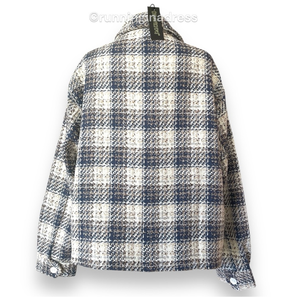 NWT BlankNYC Cropped Tweed Jacket In Blue Cream Plaid Size Large - Picture 7 of 16